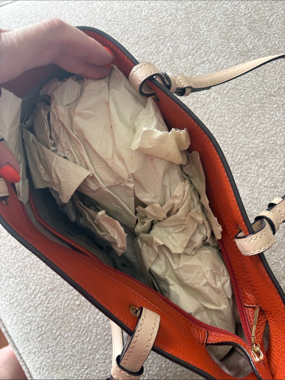 Michael Kors Orange Pebbled Leather shoulder bag with Cream Handles - Picture 7 of 11